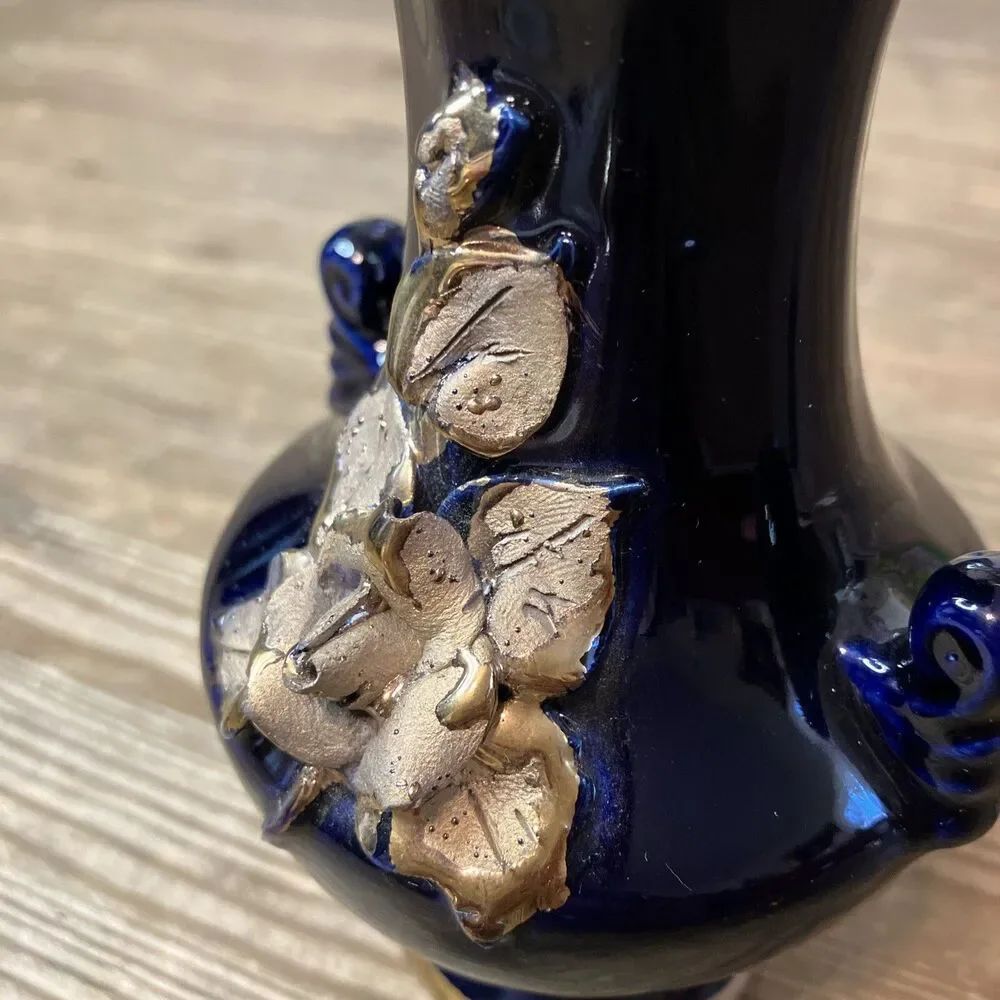 Vintage Cobalt Blue And Gold Bud Vase With Applied Gold Rose 6” Hand Painted